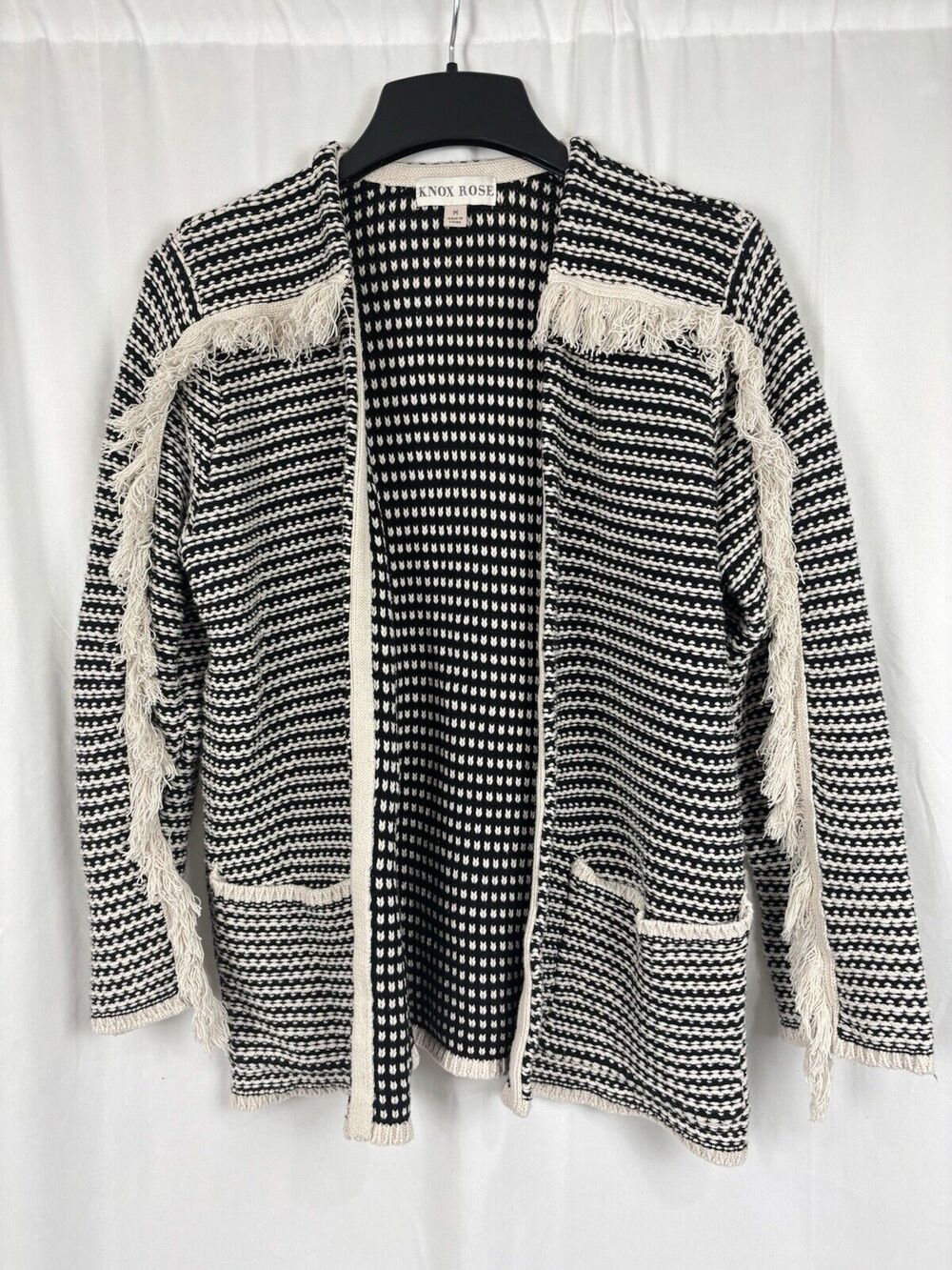 Knox Rose Cardigan Women's Open Sweater Knit Front Pockets Fringe Black Cream M